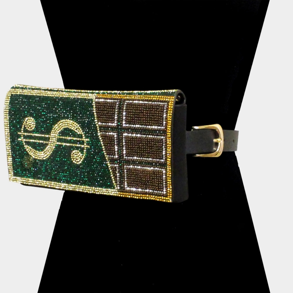 Green Chocolate Bar Gold Dollar Sign Crystal Rhinestone FannyPack Belt Purse Bag